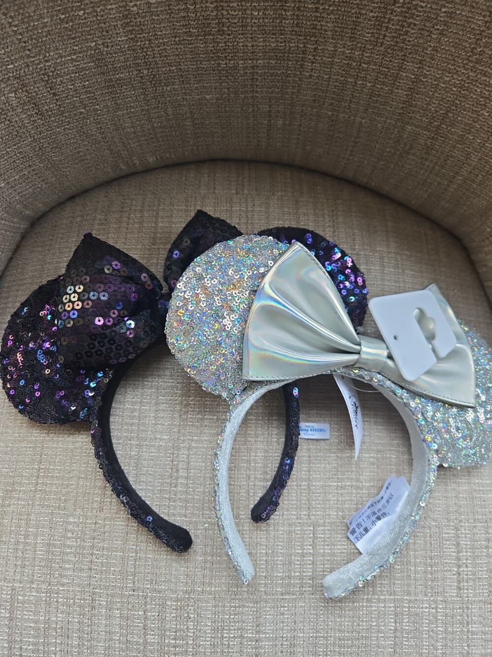 Disney- Parks Silver Sequin Minnie Mouse Ears with Bows Lot Of 2 Headband New!